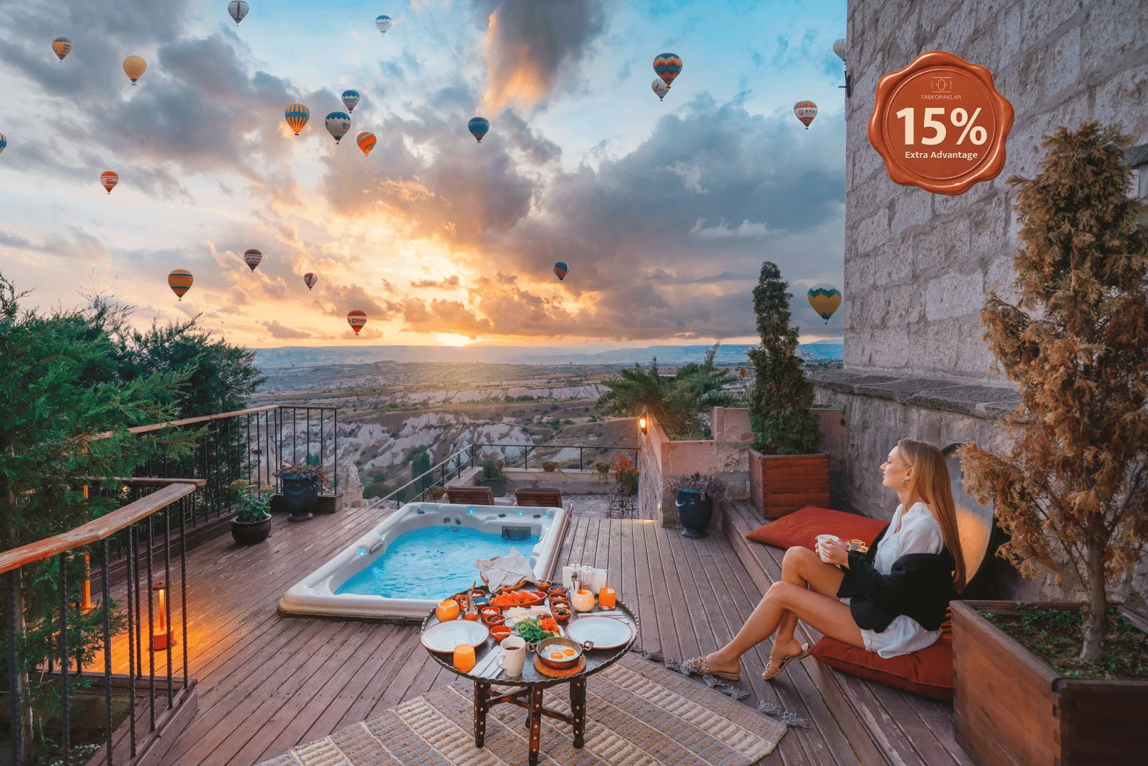 Royal King Suite terrace with hot tub and balloon views at Taskonaklar